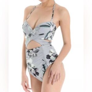 Unique WET Ethical Swimwear Gray Floral One Piece Swimsuit Cutout NWT CrissCross